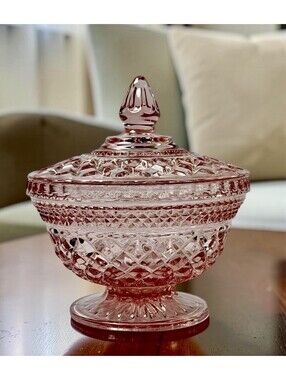 Mid-Century Anchor Hocking Pink Glass Wexford Lidded Pedestal Candy Bowl
